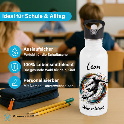 Trinkflasche mit Strohhalm in Weiß 600ml bedruckt mit Fußball Motiven"Motiv1" personalisierbar für Kinder mit Wunschname aus Edelstahl