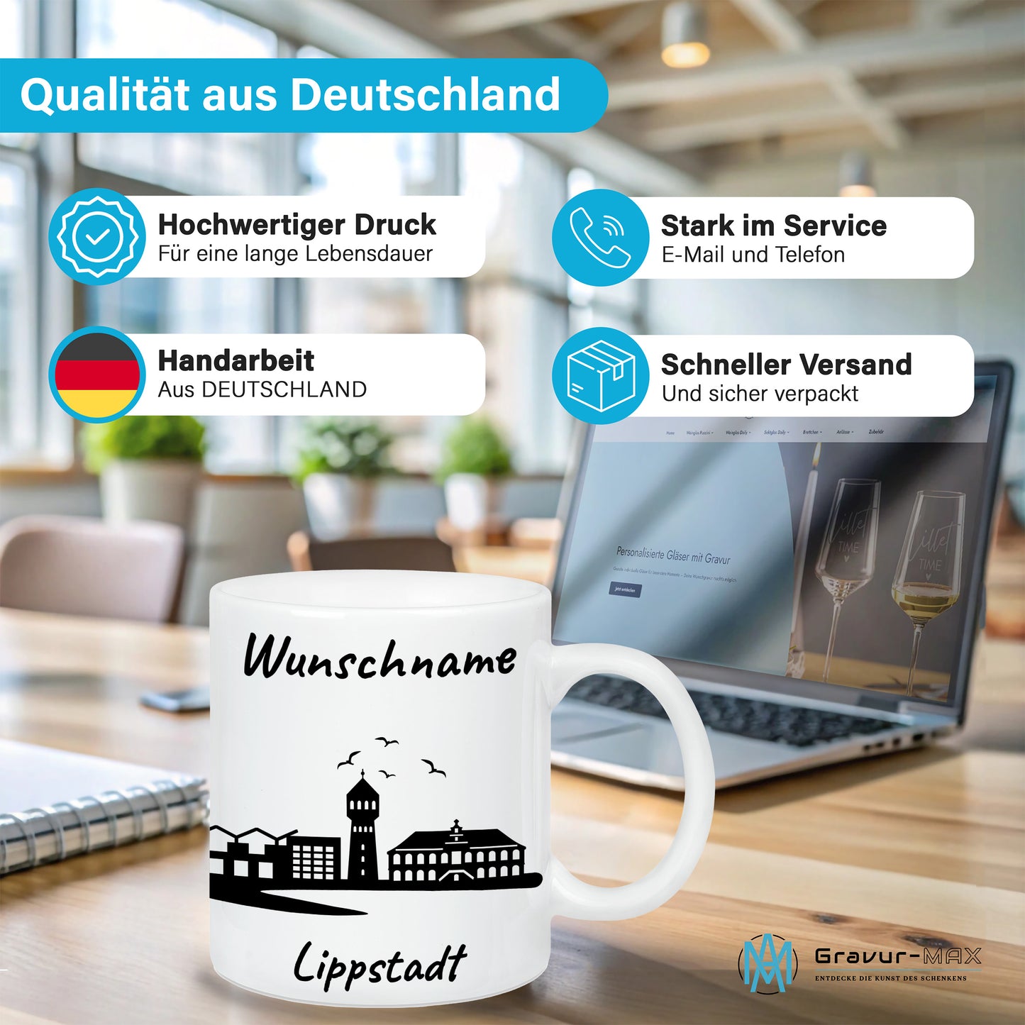 Tasse in Weiß 330ml bedruckt mit der Skyline von Lippstadt personalisierbar mit Wunschname