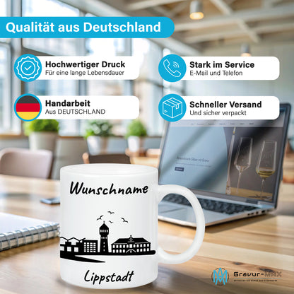 Tasse in Weiß 330ml bedruckt mit der Skyline von Lippstadt personalisierbar mit Wunschname