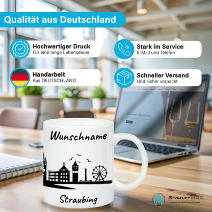 Tasse in Weiß 330ml bedruckt mit der Skyline von Straubing personalisierbar mit Wunschname