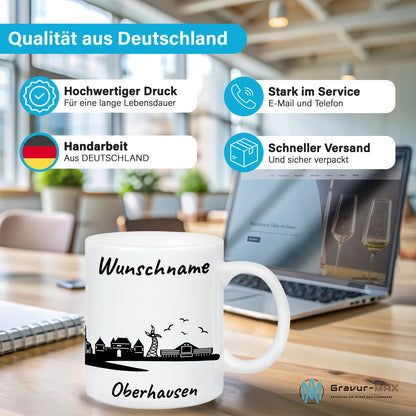 Tasse in Weiß 330ml bedruckt mit der Skyline von Oberhausen personalisierbar mit Wunschname