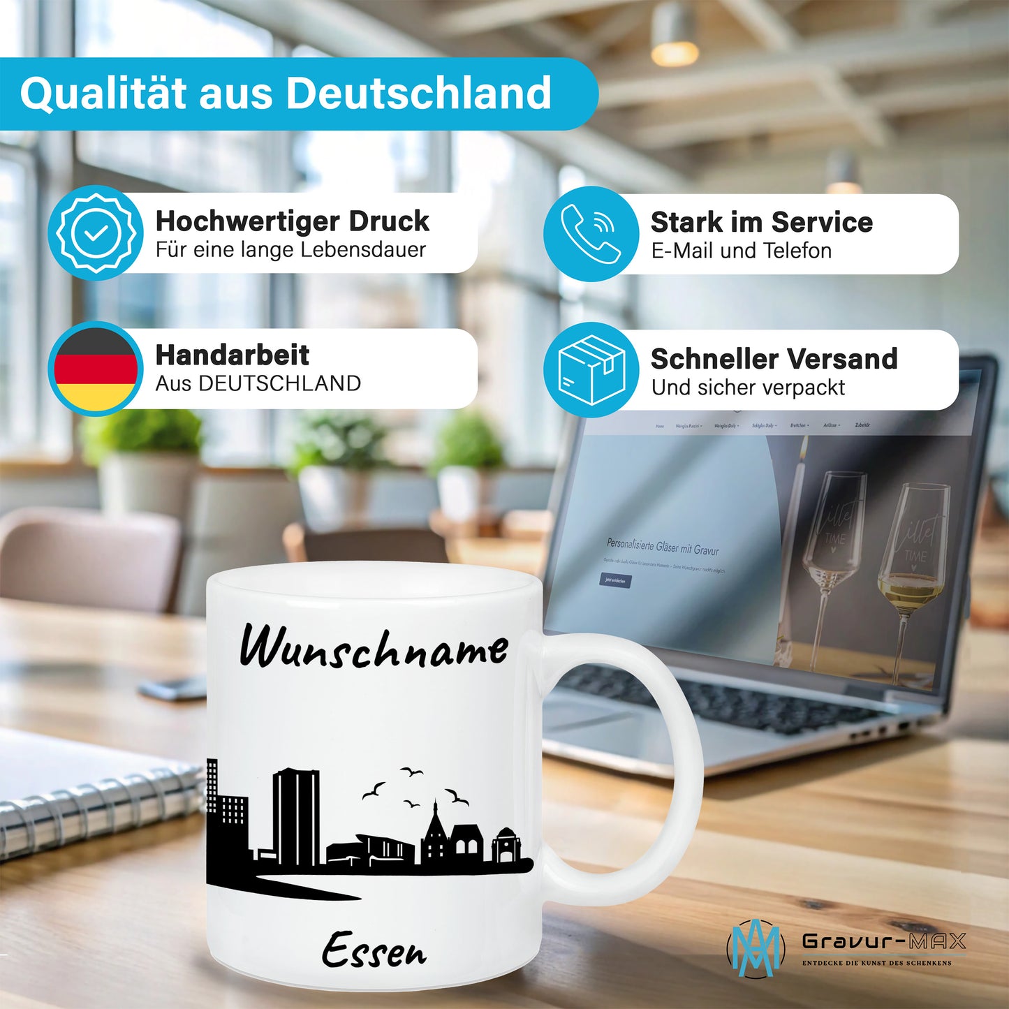 Tasse in Weiß 330ml bedruckt mit der Skyline von Essen personalisierbar mit Wunschname