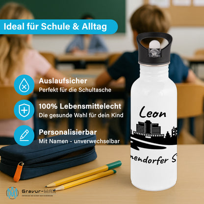 Trinkflasche in Weiß 600ml aus Edelstahl bedruckt mit der Skyline von Timmendorfer Strand personalisierbar mit Wunschname