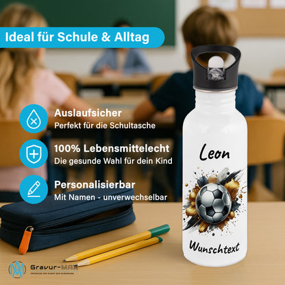 Trinkflasche mit Strohhalm in Weiß 600ml bedruckt mit Fußball Motiven"Motiv13" personalisierbar für Kinder mit Wunschname aus Edelstahl