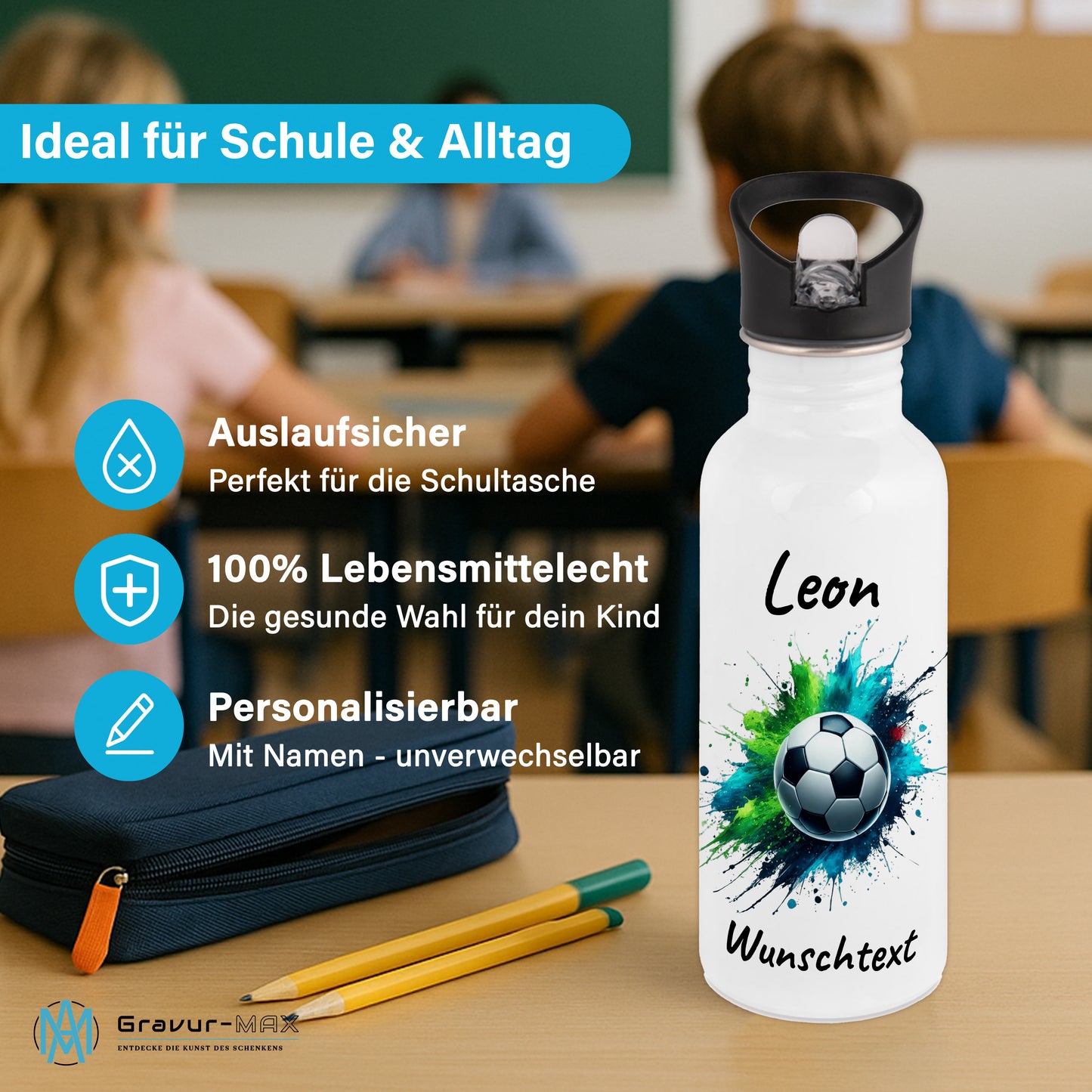 Trinkflasche mit Strohhalm in Weiß 600ml bedruckt mit Fußball Motiven"Motiv8" personalisierbar für Kinder mit Wunschname aus Edelstahl