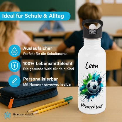 Trinkflasche mit Strohhalm in Weiß 600ml bedruckt mit Fußball Motiven"Motiv8" personalisierbar für Kinder mit Wunschname aus Edelstahl