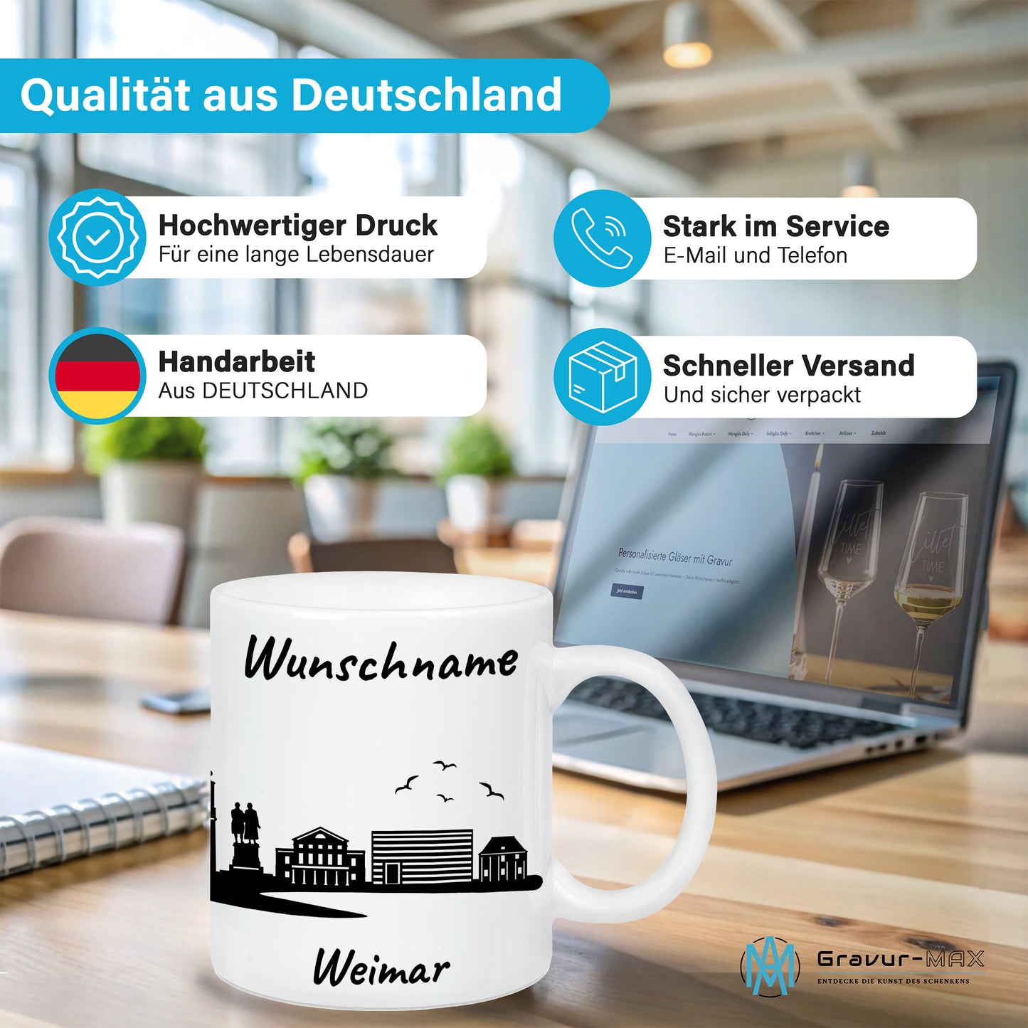 Tasse in Weiß 330ml bedruckt mit der Skyline von Weimar personalisierbar mit Wunschname