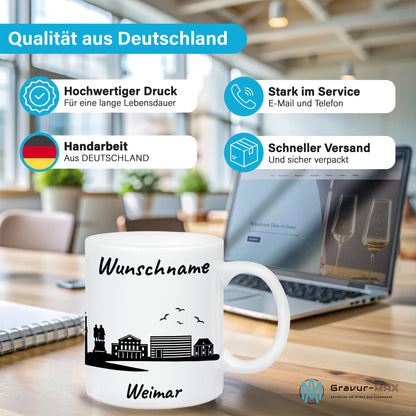 Tasse in Weiß 330ml bedruckt mit der Skyline von Weimar personalisierbar mit Wunschname