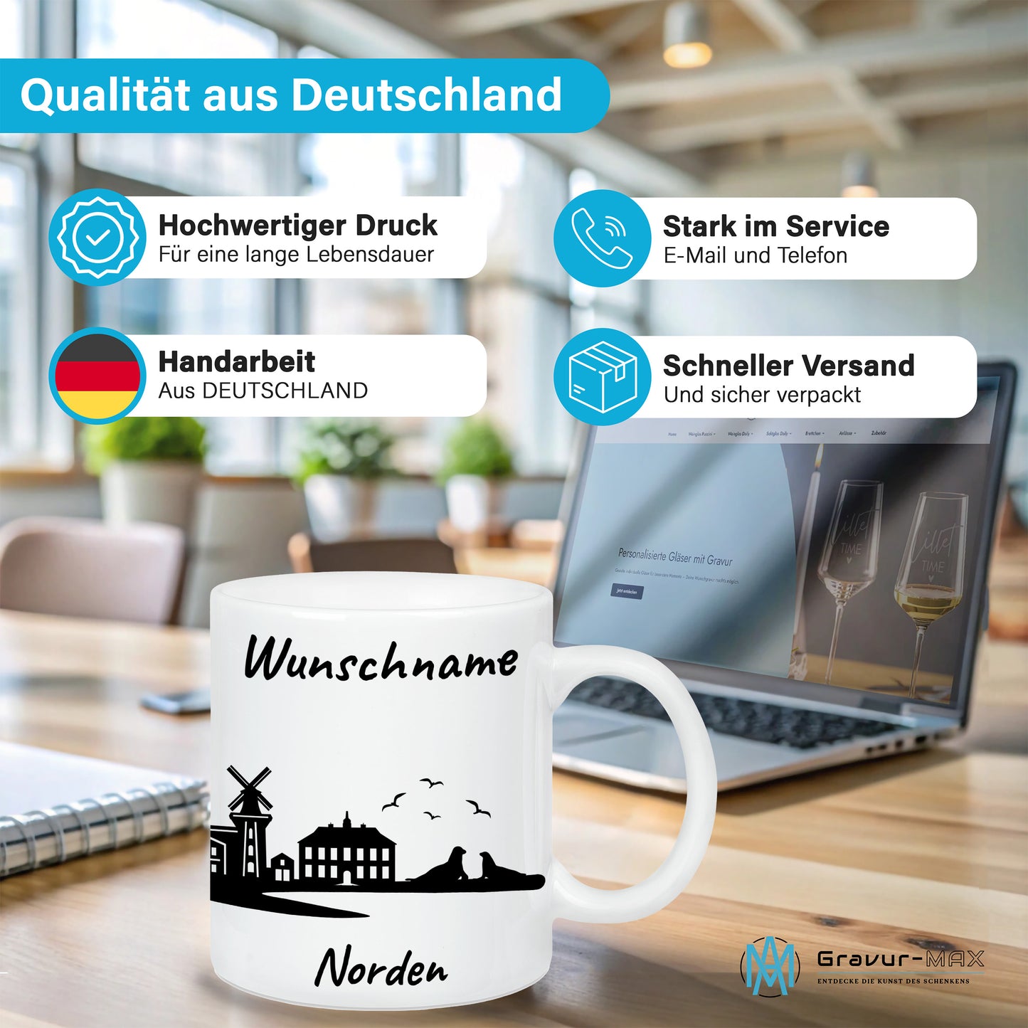 Tasse in Weiß 330ml bedruckt mit der Skyline von Norden personalisierbar mit Wunschname