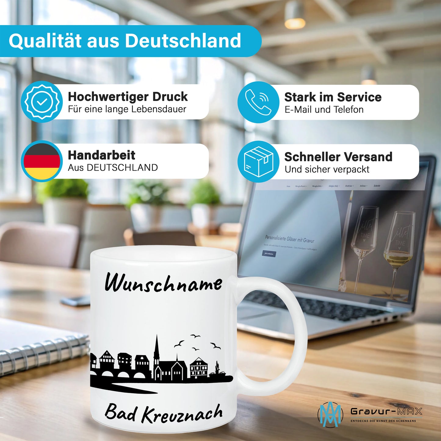 Tasse in Weiß 330ml bedruckt mit der Skyline von Bad Kreuznach personalisierbar mit Wunschname
