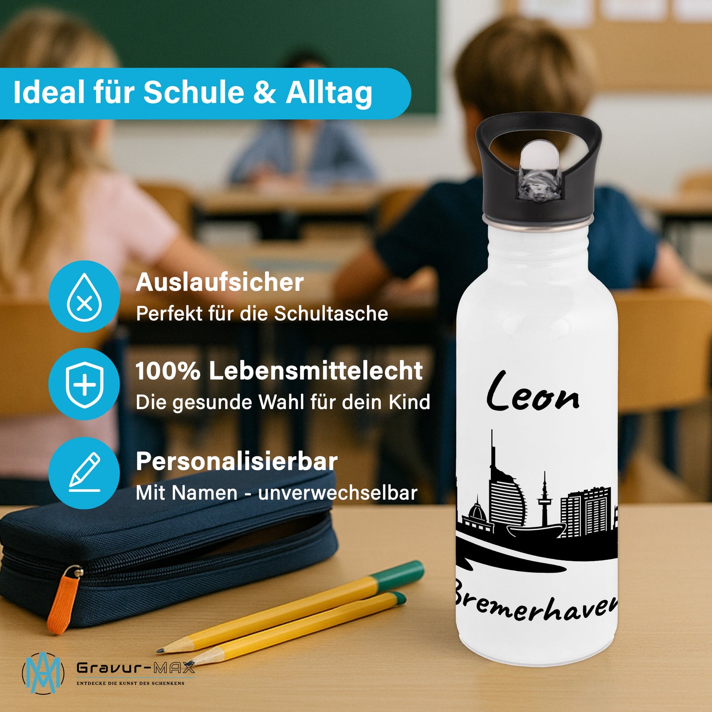 Trinkflasche in Weiß 600ml aus Edelstahl bedruckt mit der Skyline von Bremerhaven personalisierbar mit Wunschname
