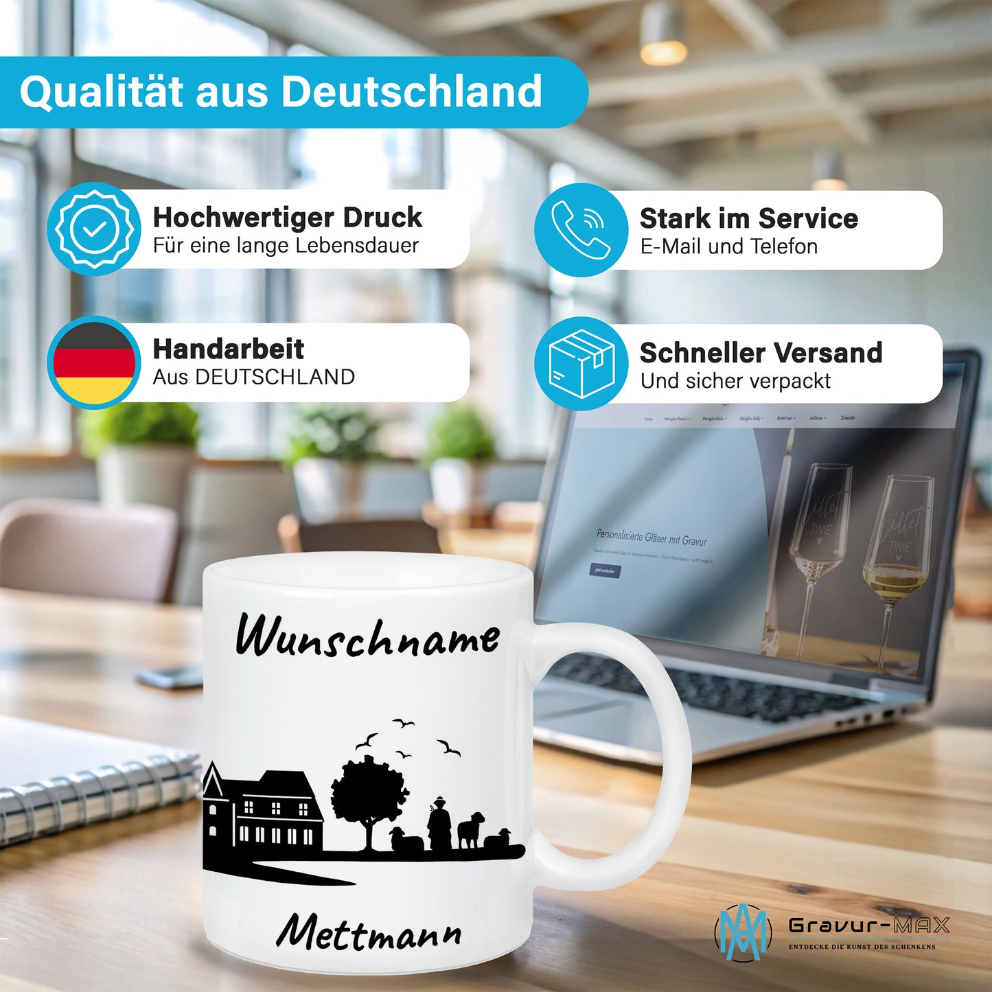 Tasse in Weiß 330ml bedruckt mit der Skyline von Mettmann personalisierbar mit Wunschname
