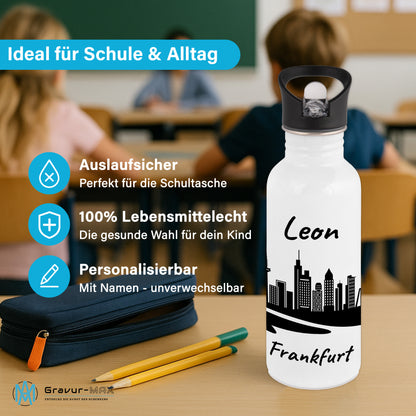 Trinkflasche in Weiß 600ml aus Edelstahl bedruckt mit der Skyline von Frankfurt personalisierbar mit Wunschname