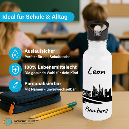 Trinkflasche in Weiß 600ml aus Edelstahl bedruckt mit der Skyline von Bamberg personalisierbar mit Wunschname