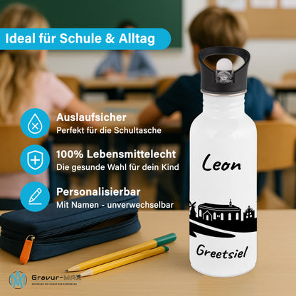Trinkflasche in Weiß 600ml aus Edelstahl bedruckt mit der Skyline von Greetsiel personalisierbar mit Wunschname