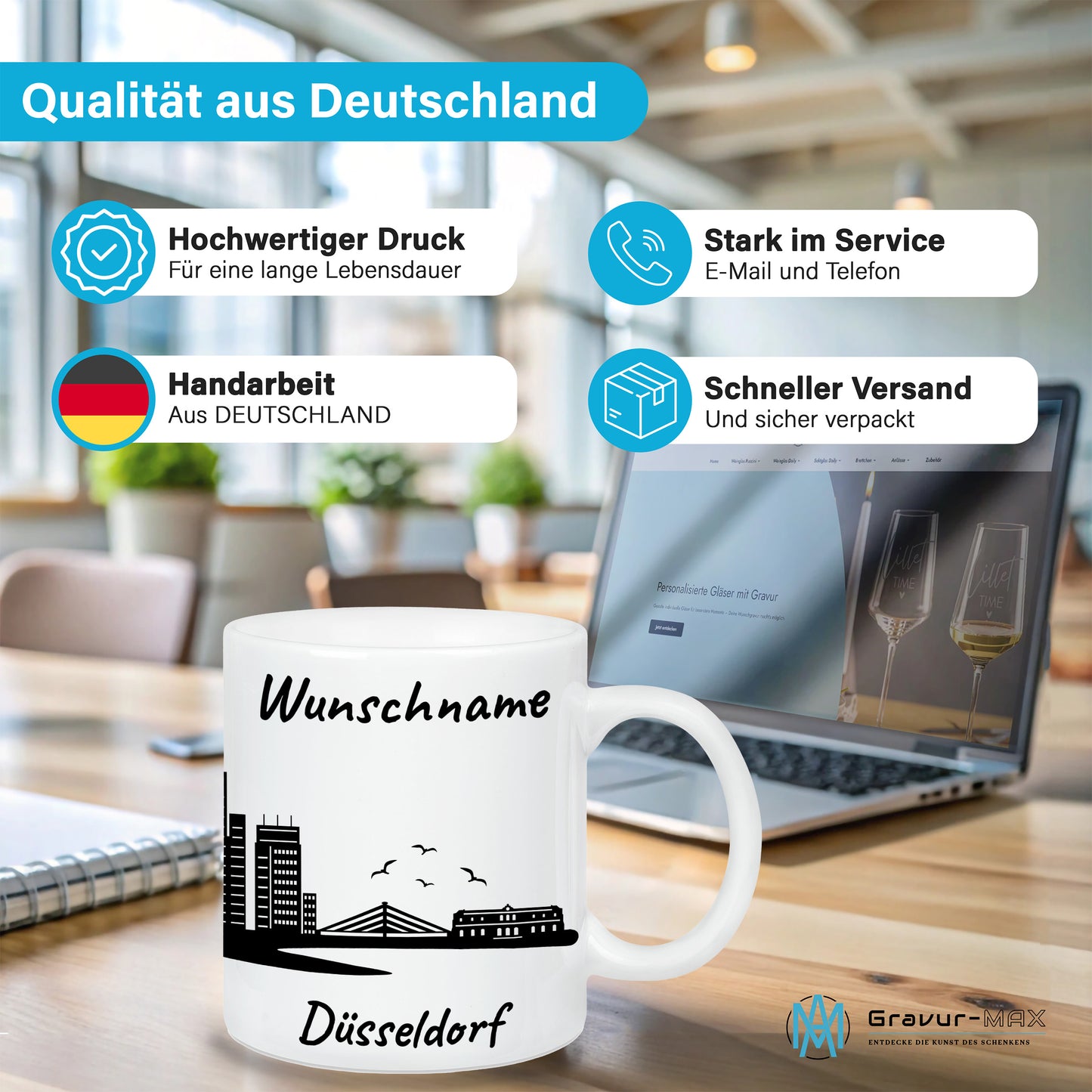 Tasse in Weiß 330ml bedruckt mit der Skyline von Düsseldorf personalisierbar mit Wunschname