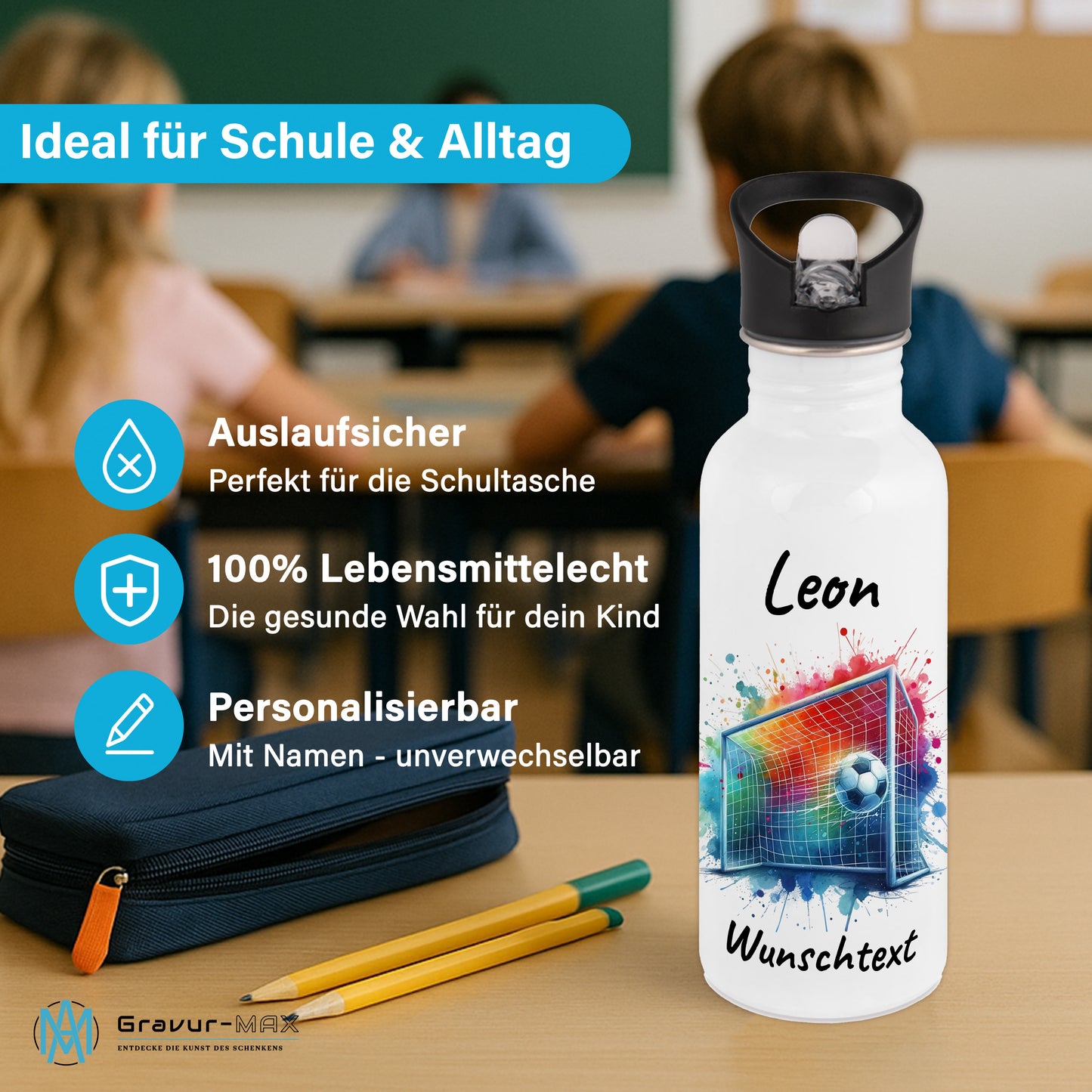 Trinkflasche mit Strohhalm in Weiß 600ml bedruckt mit Fußball Motiven"Motiv5" personalisierbar für Kinder mit Wunschname aus Edelstahl