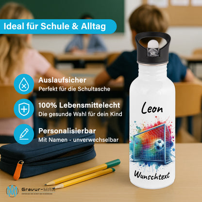 Trinkflasche mit Strohhalm in Weiß 600ml bedruckt mit Fußball Motiven"Motiv5" personalisierbar für Kinder mit Wunschname aus Edelstahl