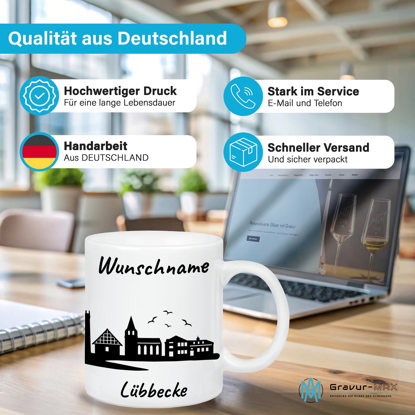 Tasse in Weiß 330ml bedruckt mit der Skyline von Lübbecke personalisierbar mit Wunschname