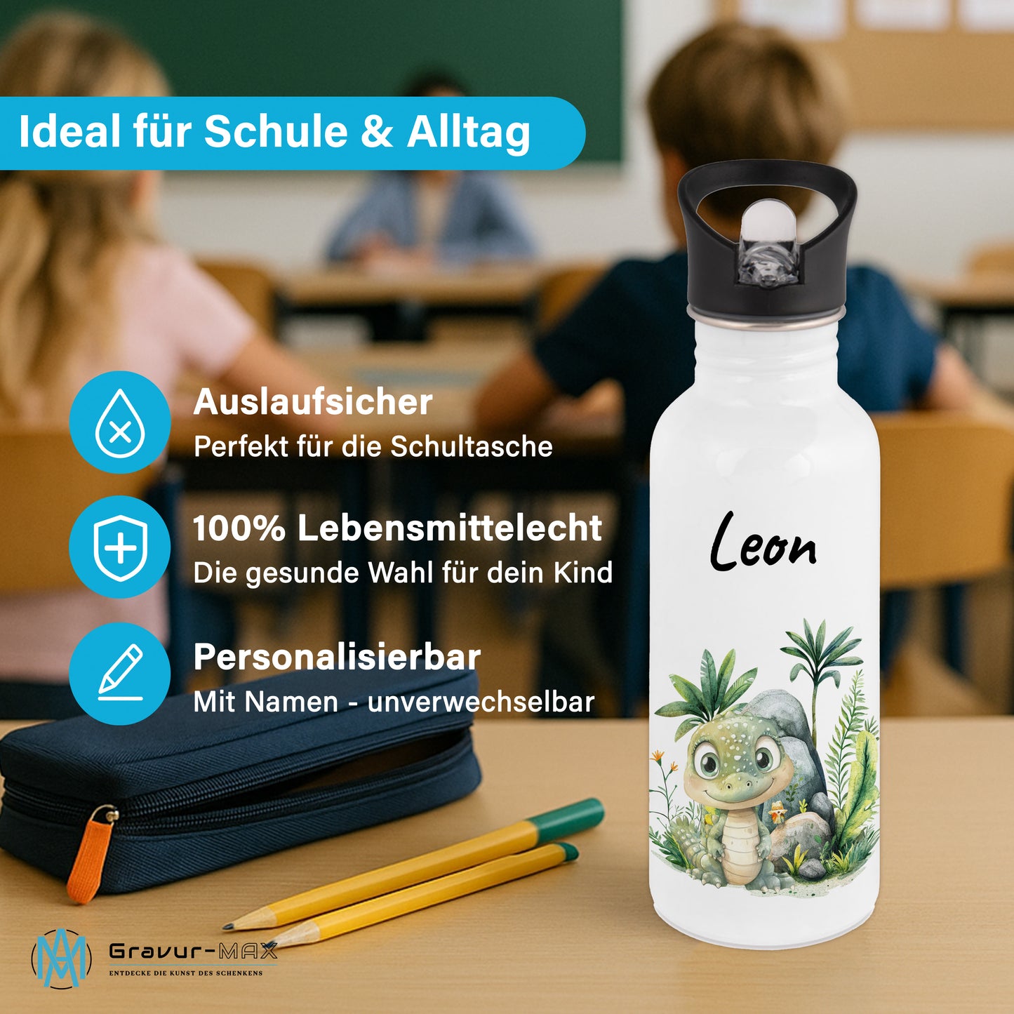 Trinkflasche mit Strohhalm in Weiß 600ml bedruckt mit Dschungel Tieren"Krokodil" personalisierbar für Kinder mit Wunschname aus Edelstahl