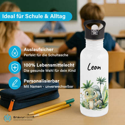 Trinkflasche mit Strohhalm in Weiß 600ml bedruckt mit Dschungel Tieren"Krokodil" personalisierbar für Kinder mit Wunschname aus Edelstahl