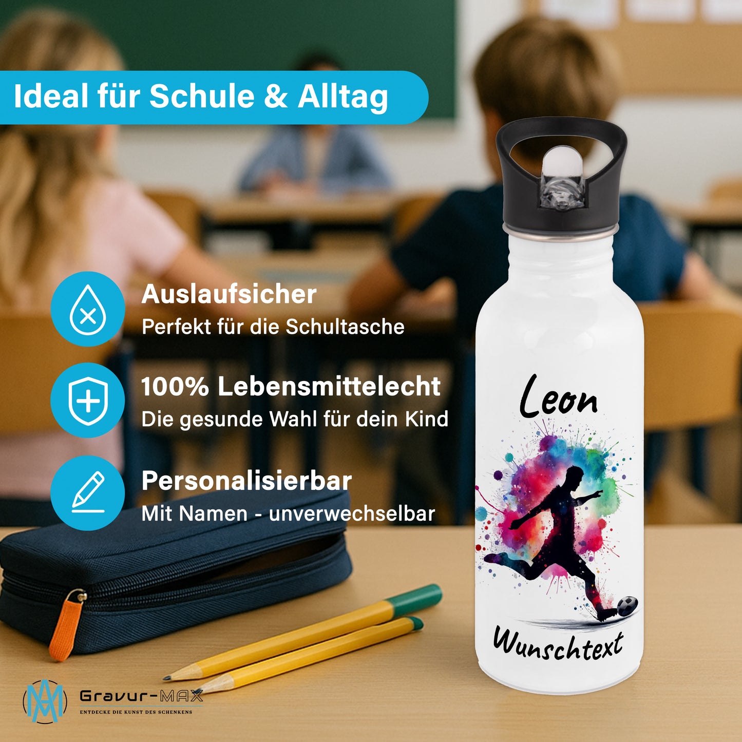 Trinkflasche mit Strohhalm in Weiß 600ml bedruckt mit Fußball Motiven"Motiv4" personalisierbar für Kinder mit Wunschname aus Edelstahl