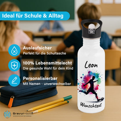 Trinkflasche mit Strohhalm in Weiß 600ml bedruckt mit Fußball Motiven"Motiv4" personalisierbar für Kinder mit Wunschname aus Edelstahl