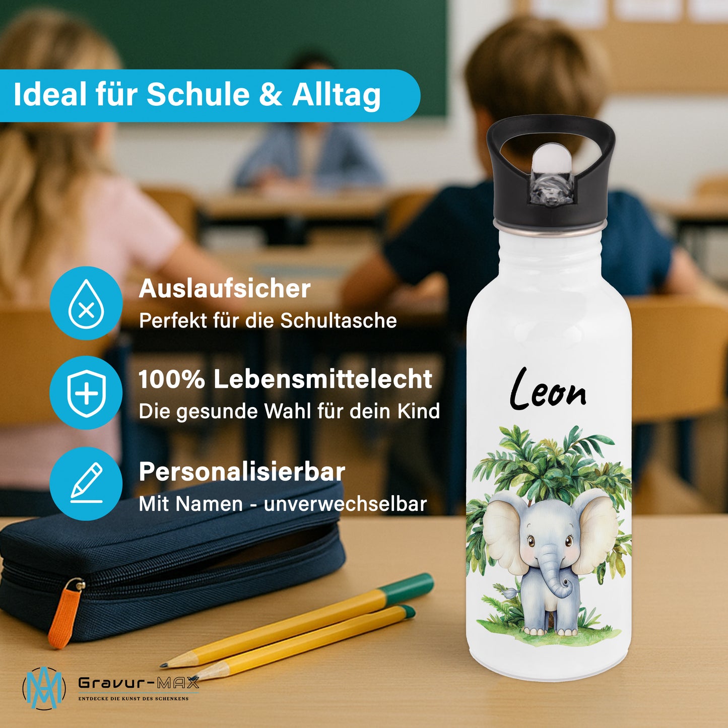 Trinkflasche mit Strohhalm in Weiß 600ml bedruckt mit Dschungel Tieren"Elefant" personalisierbar für Kinder mit Wunschname aus Edelstahl