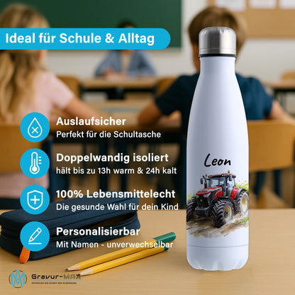 Thermoflasche 500ml in Weiß bedruckt mit tollen Motiven für Kinder "Traktor" personalisierbar mit Wunschname
