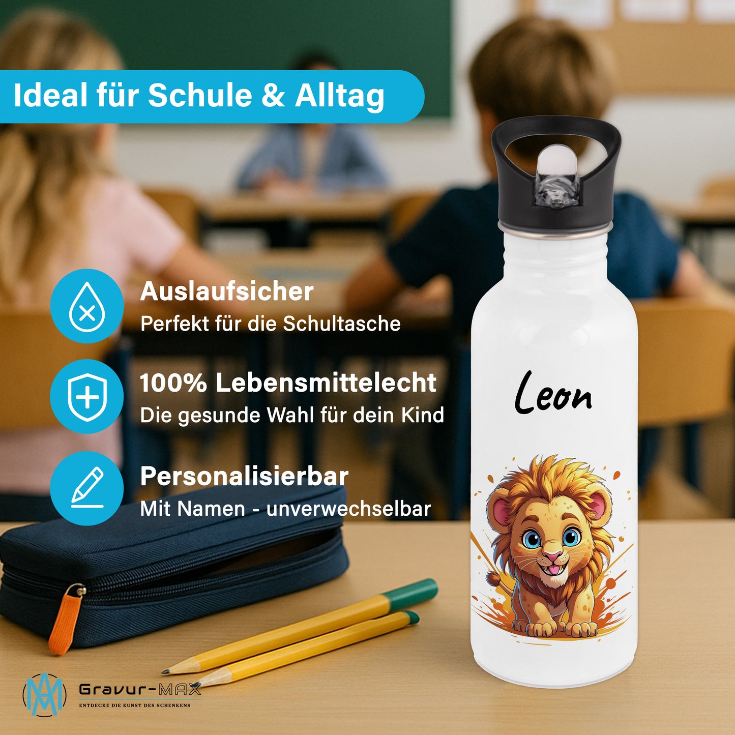 Trinkflasche mit Strohhalm in Weiß 600ml bedruckt mit niedlichen Tieren"Löwe" personalisierbar für Kinder mit Wunschname aus Edelstahl