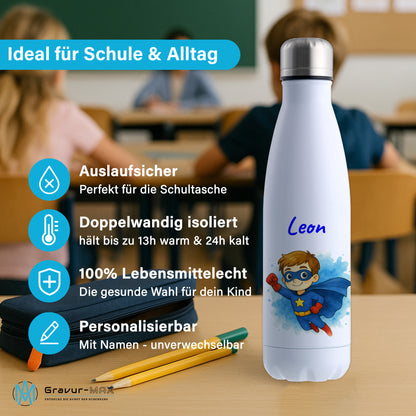 Thermoflasche 500ml in Weiß bedruckt mit tollen Motiven für Kinder "Superheld" personalisierbar mit Wunschname
