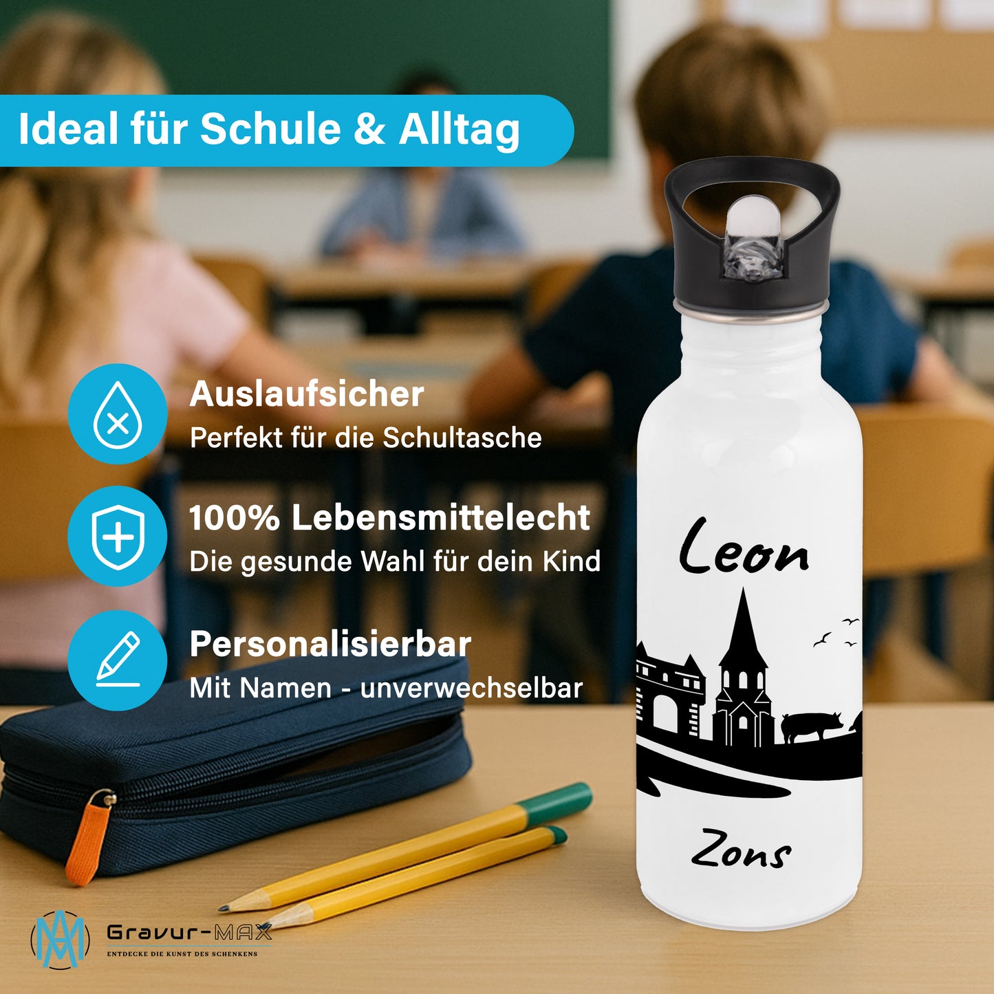 Trinkflasche in Weiß 600ml aus Edelstahl bedruckt mit der Skyline von Zons (Dormagen) personalisierbar mit Wunschname