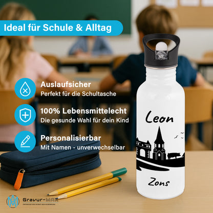 Trinkflasche in Weiß 600ml aus Edelstahl bedruckt mit der Skyline von Zons (Dormagen) personalisierbar mit Wunschname
