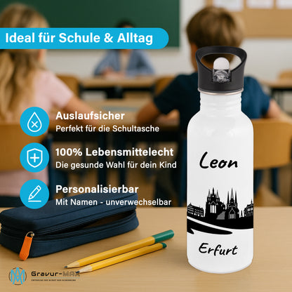 Trinkflasche in Weiß 600ml aus Edelstahl bedruckt mit der Skyline von Erfurt personalisierbar mit Wunschname