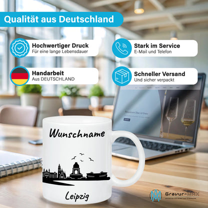 Tasse in Weiß 330ml bedruckt mit der Skyline von Leipzig personalisierbar mit Wunschname