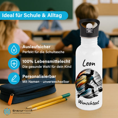 Trinkflasche mit Strohhalm in Weiß 600ml bedruckt mit Fußball Motiven"Motiv2" personalisierbar für Kinder mit Wunschname aus Edelstahl