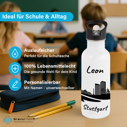 Trinkflasche in Weiß 600ml aus Edelstahl bedruckt mit der Skyline von Stuttgart personalisierbar mit Wunschname