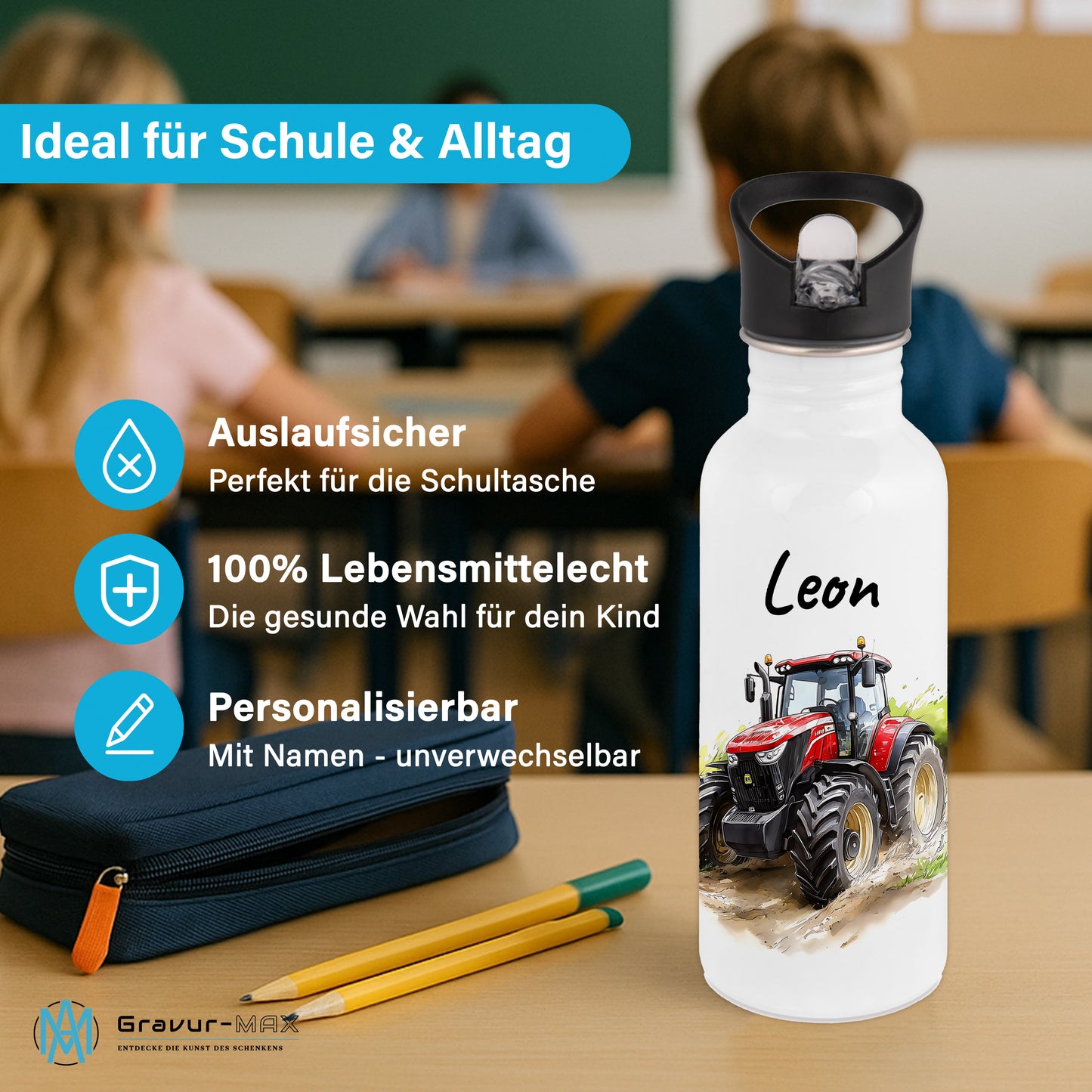 Trinkflasche mit Strohhalm in Weiß 600ml bedruckt mit tollen Motiven für Kinder "Traktor" personalisierbar für Kinder mit Wunschname aus Edelstahl