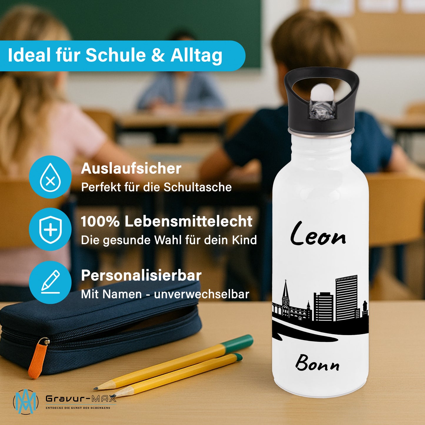 Trinkflasche in Weiß 600ml aus Edelstahl bedruckt mit der Skyline von Bonn personalisierbar mit Wunschname