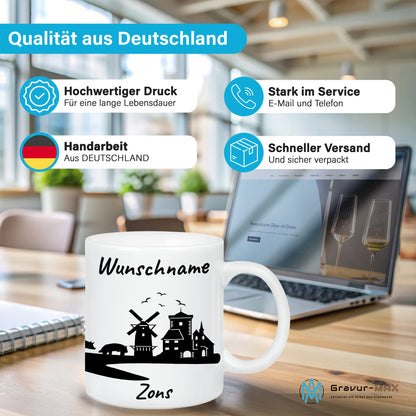 Tasse in Weiß 330ml bedruckt mit der Skyline von Zons (Dormagen) personalisierbar mit Wunschname
