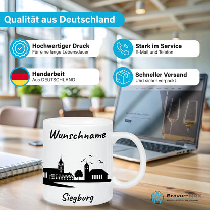 Tasse in Weiß 330ml bedruckt mit der Skyline von Siegburg personalisierbar mit Wunschname