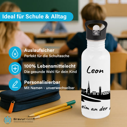 Trinkflasche in Weiß 600ml aus Edelstahl bedruckt mit der Skyline von Mülheim an der Ruhr personalisierbar mit Wunschname