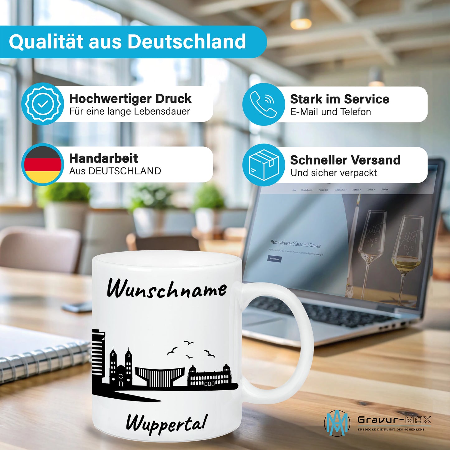 Tasse in Weiß 330ml bedruckt mit der Skyline von Wuppertal personalisierbar mit Wunschname