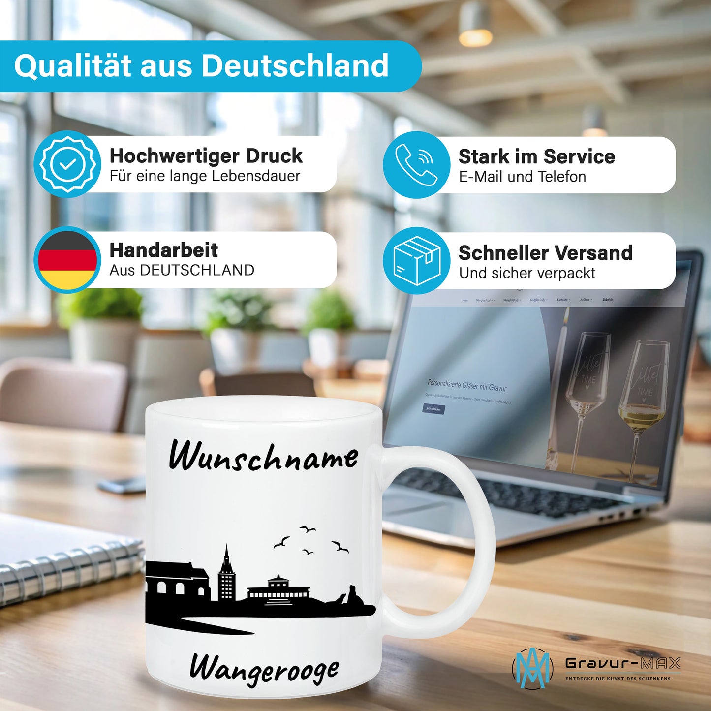 Tasse in Weiß 330ml bedruckt mit der Skyline von Wangerooge personalisierbar mit Wunschname