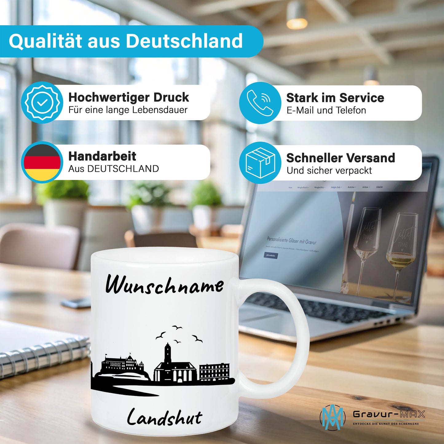 Tasse in Weiß 330ml bedruckt mit der Skyline von Landshut personalisierbar mit Wunschname