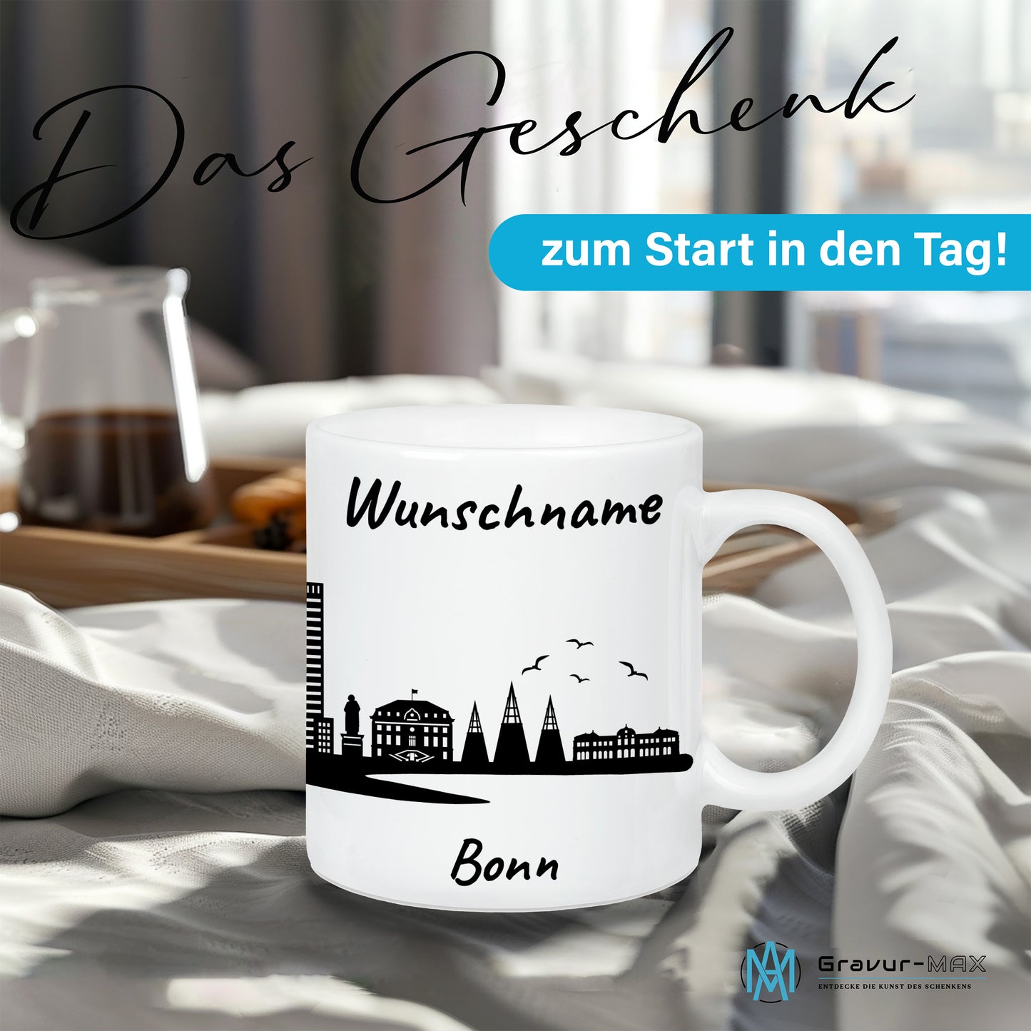 Tasse in Weiß 330ml bedruckt mit der Skyline von Bonn personalisierbar mit Wunschname