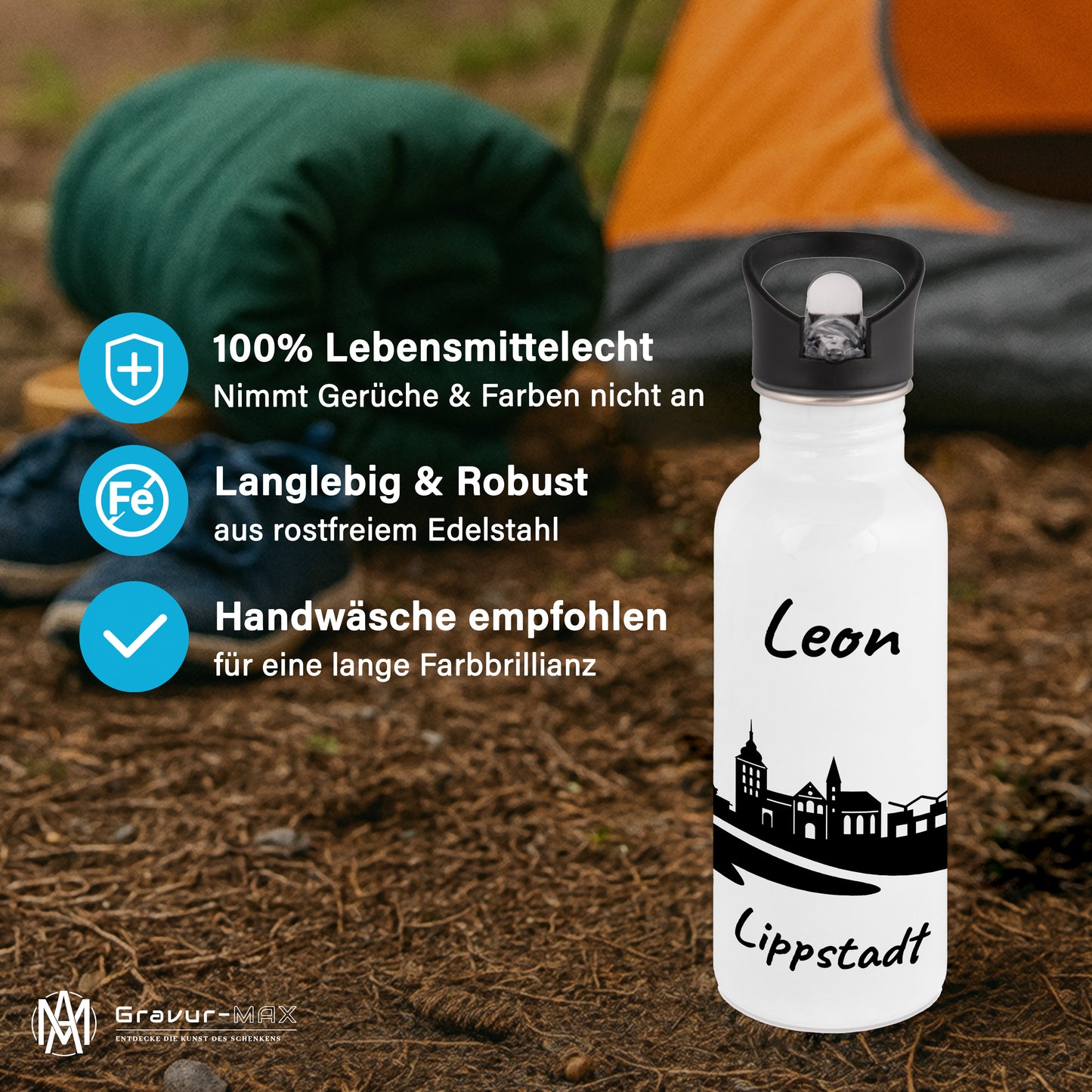 Trinkflasche in Weiß 600ml aus Edelstahl bedruckt mit der Skyline von Lippstadt personalisierbar mit Wunschname