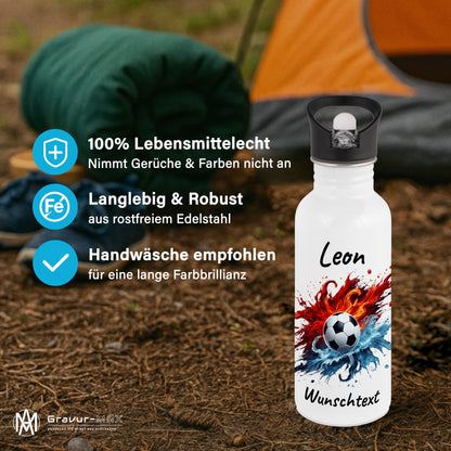 Trinkflasche mit Strohhalm in Weiß 600ml bedruckt mit Fußball Motiven"Motiv12" personalisierbar für Kinder mit Wunschname aus Edelstahl