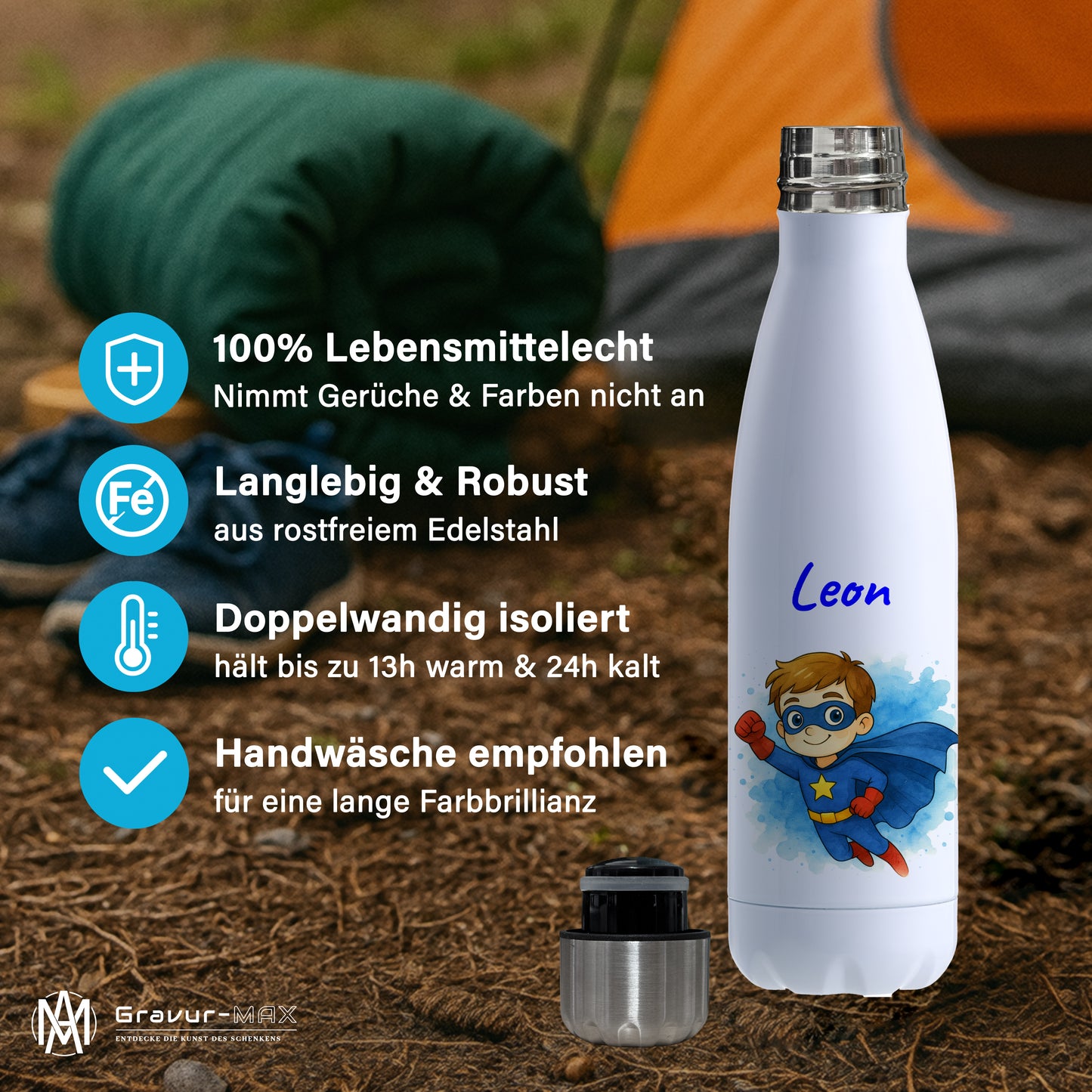 Thermoflasche 500ml in Weiß bedruckt mit tollen Motiven für Kinder "Superheld" personalisierbar mit Wunschname
