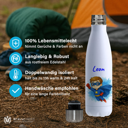 Thermoflasche 500ml in Weiß bedruckt mit tollen Motiven für Kinder "Superheld" personalisierbar mit Wunschname